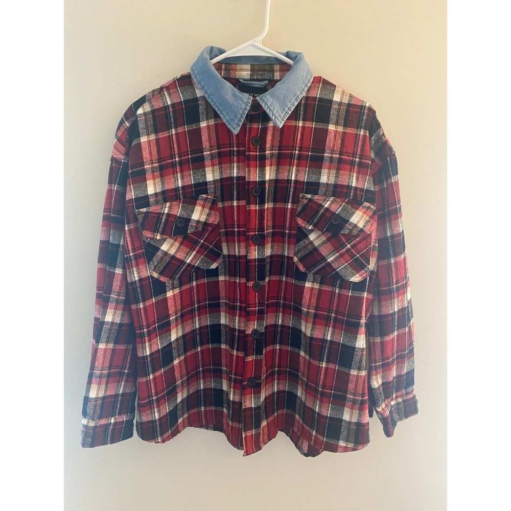Fear of God Flannel Shirt Denim Collar Plaid Cotton Silk Mens S/M Grunge